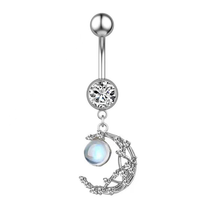 Piercing all'ombelico con pietra occhio di gatto super scintillante, intarsiato a mano e a forma di stella e luna, direttamente dalla fabbrica_voghion.com