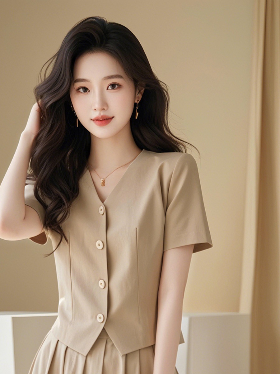 Set áo sơ mi ngắn tay và chân váy công sở nữ mùa hè — Màu kaki chi tiết 6