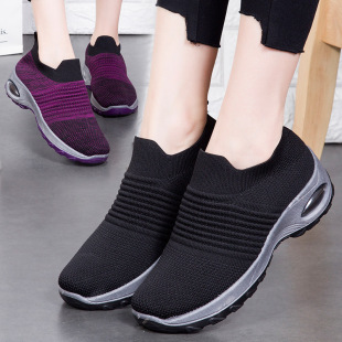 2023 New Rocking Shoes Women's Air Cushion Soft Bottom Non-slip Fly-woven Breathable Casual Shoes Slip-on Middle-aged and Elderly Mother Shoes