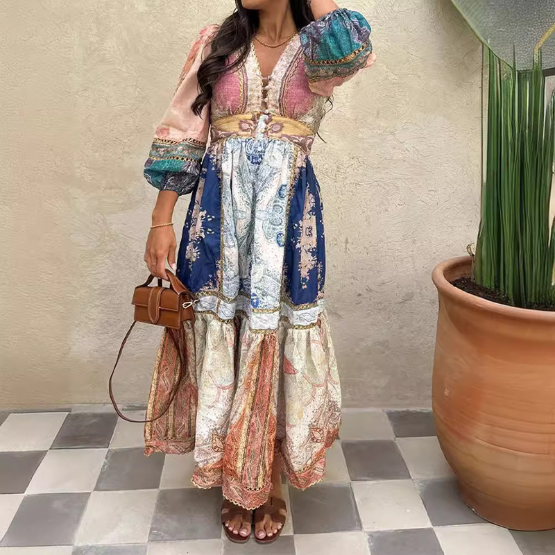 2026 New Cross-Border Retro Printed Ethnic Style Long Dress Bohemian Vacation Workwear Evening Dress
