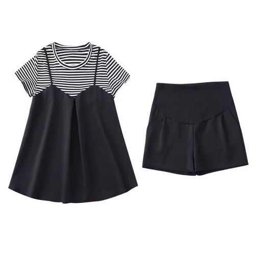 Pregnant Women's Summer Set Fashion Style Pseudo-Two-Piece Striped Patchwork Top + Shorts Outfit Two-Piece Set