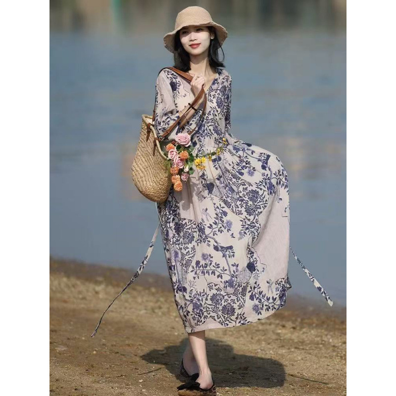 2026 New Spring and Summer Women's High-End Ramie Kimono-Style Dress Printed Loose Retro Skirt
