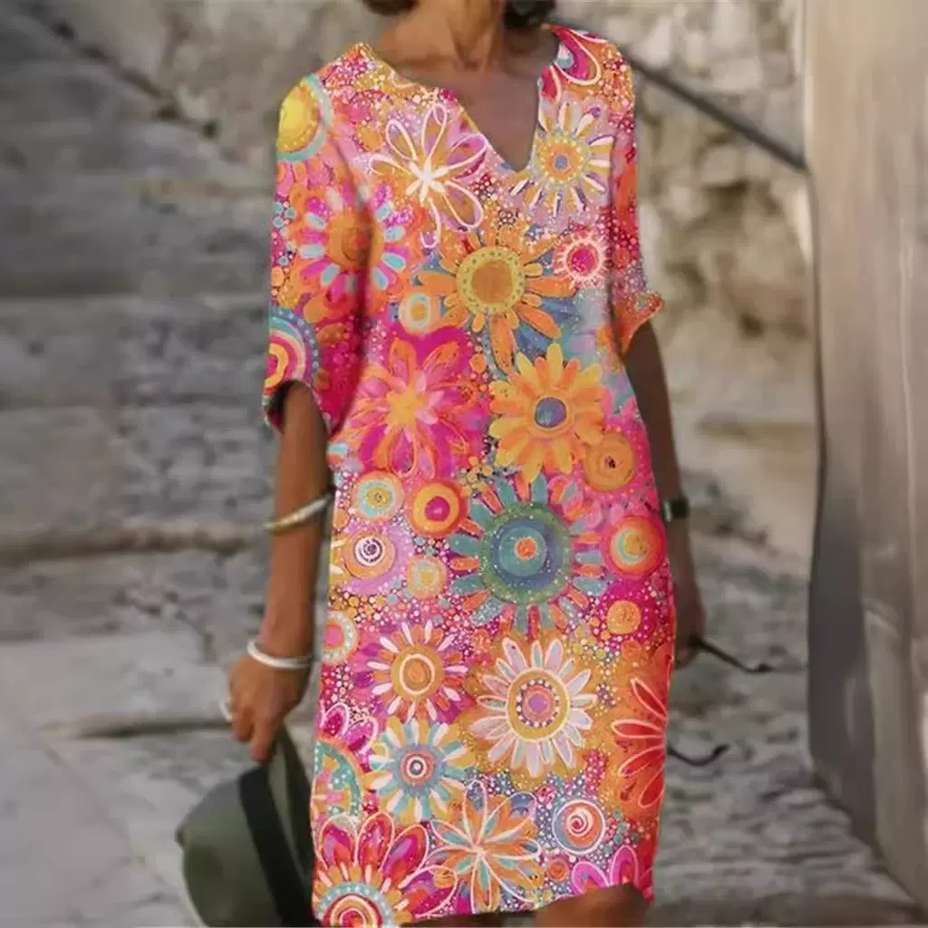 2025新款 拼色印花拼布V领宽松竹复古文艺圆领五分袖大码连衣裙