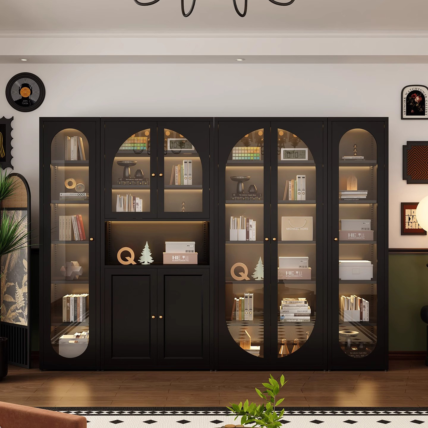 Retro Style Metal Bookcase Home Living Room Medieval Wall Storage Cabinet Iron Storage Cabinet Floor-Standing Bookshelf Display Cabinet