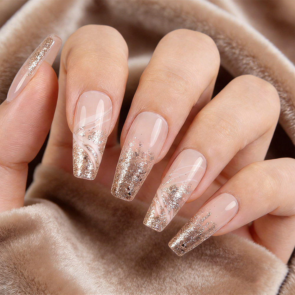 Dulce polvo desnudo, líneas doradas brillante, uñas largas, lujosas, lujosas, 24 piezas de parche de uñas.