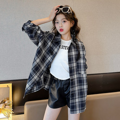 女童襯衫秋裝2023新款大兒童薄款格子上衣洋氣慵懶風寬鬆長袖襯衣