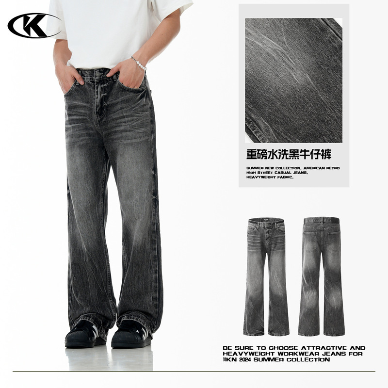 11Kn American Black Bootcut Jeans Lightning Cracked Washed Retro Distressed Loose Slim Casual Pants 11Kn American Black Bootcut Jeans Lightning Cracked Washed Retro Distressed Loose Slim Casual Pants