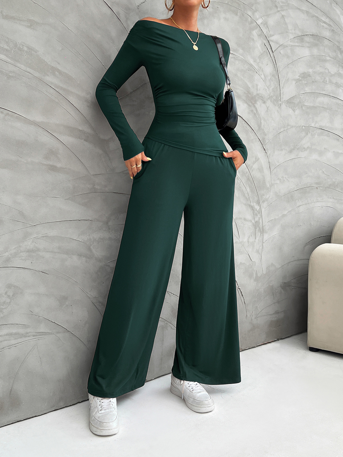 Y2K Damen-Set – Schmales Langarm-Oberteil & Hose mit weitem Bein (S-XL, Schwarz/Dunkelgrau/Khaki/Weinrot/Dunkelgrün/Braun/Dunkelblau)_voghion.com
