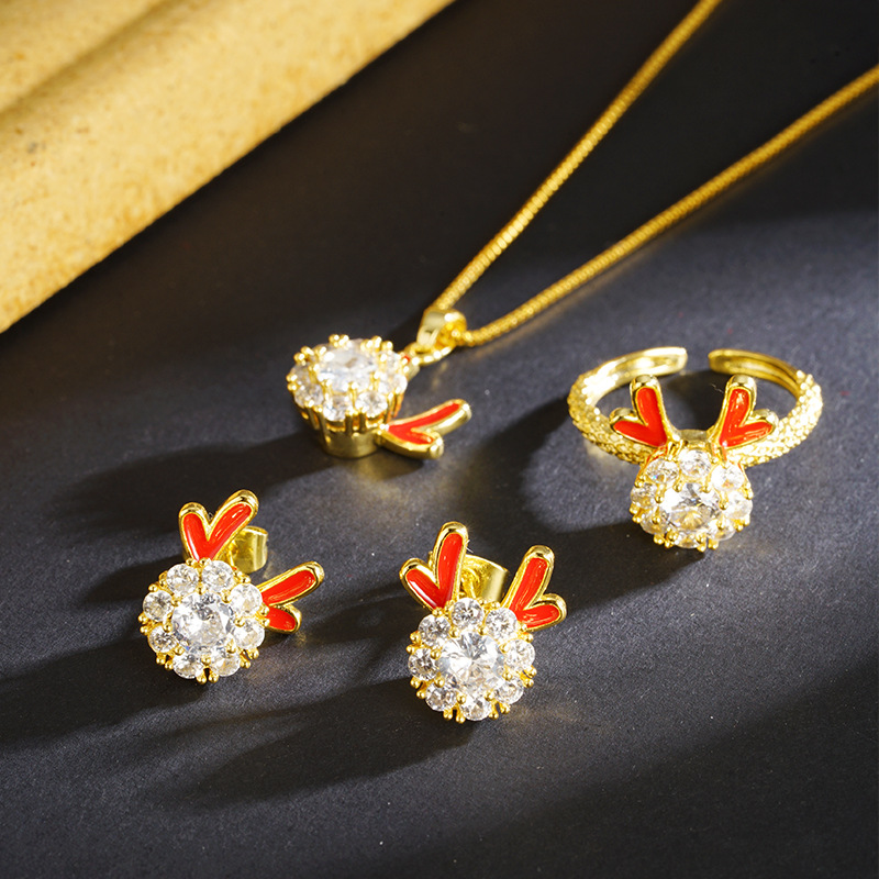 Nuevos productos lindos cuernos de reno imitación de diamantes de oro de arena vietnamita conjunto de collar de oro para mujeres ligero lujoso simple anillo versátil pendientes