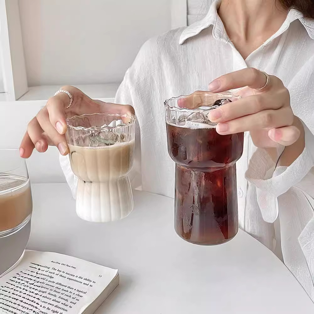 高硼硅玻璃杯子咖啡杯竖纹收腰单层杯家用牛奶杯饮料杯耐热吸管杯