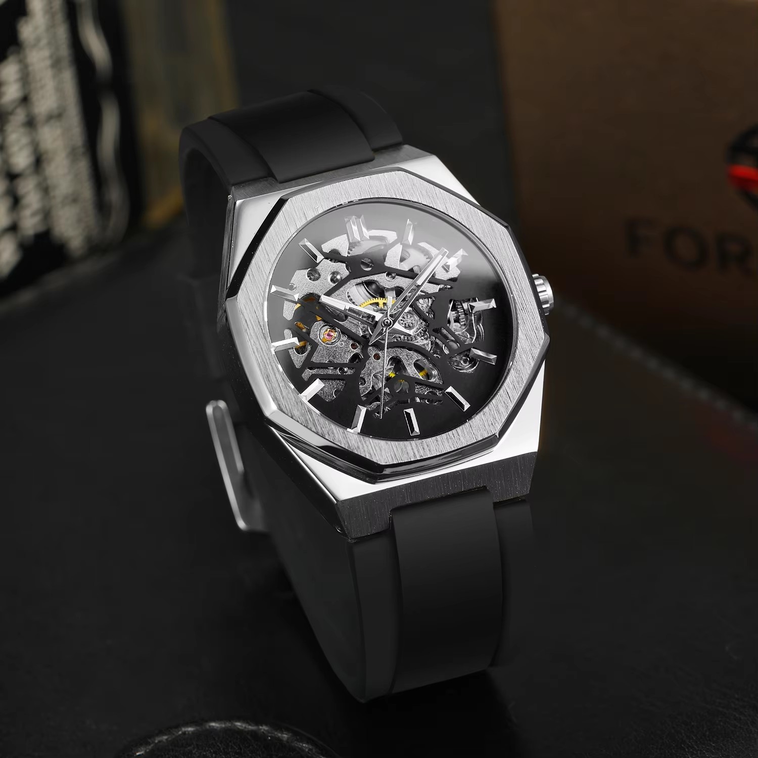Men's Mechanical Skeleton Watch Silver Automatic Rubber Strap_voghion.com