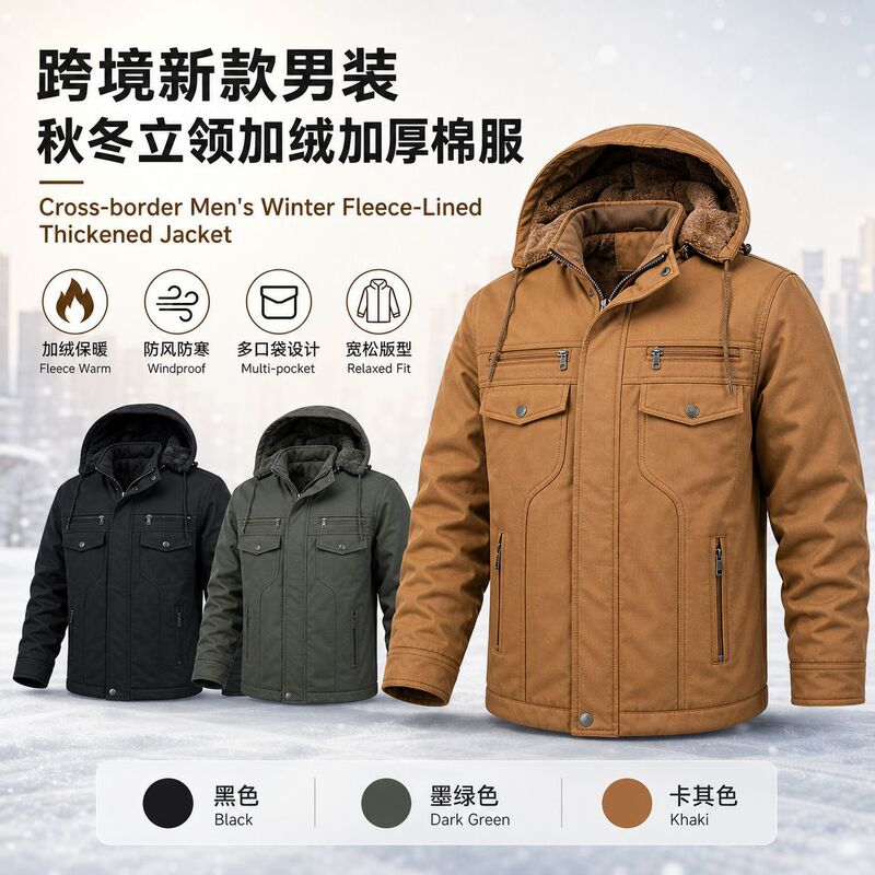 Cross-Border Foreign Trade New Autumn and Winter Men's Stand-Collar Jacket, Thick Cotton-Padded Coat, Large Size Loose Outdoor Multi-Pocket Workwear Jacket
