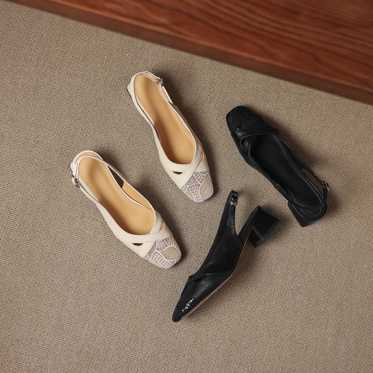 Sandal cao gót nữ hở mũi da cừu lưới phối màu quai ngang khóa — màu đen, màu trắng ngà chi tiết 79