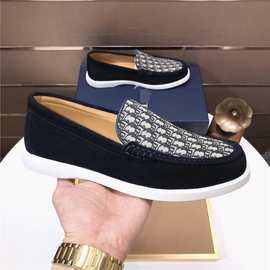 欧洲站新款牛皮拼接帆布套脚乐福鞋休闲板鞋外贸男鞋广州货