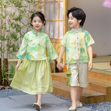 男女孩新款汉服套装改良中式夏装六一儿童节表演服古风山水画唐装