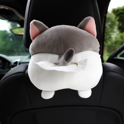 Car tissue box/set Cute Plush Car Seat Back - plush-tissue-box-cat-little-grey