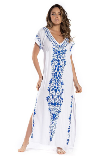   Beach blouse Embroidery beach robe vacation beach long dress seaside sunscreen dress