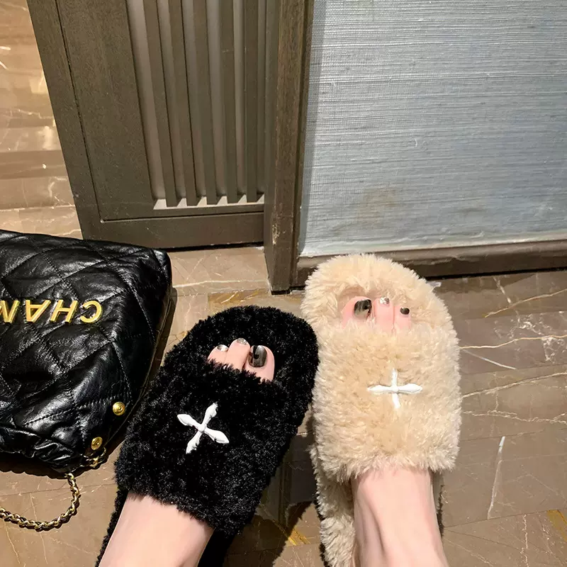 TX-2惠东易鑫达加绒厚底平底一字仙女毛毛拖鞋外穿女春秋季新款