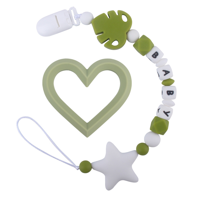 Bebé suministros de dibujos animados hojas mordedor bebé estrella grande molar juguete DIY bebé nombre chupete cadena traje