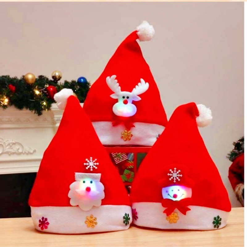 Nueva decoración de Navidad pequeño regalo LED luminoso sombrero de Navidad no tejido de felpa para niños sombrero de Navidad adulto
