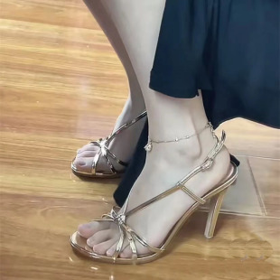 Women's Sandals 2024 New Golden High Heel Sandals Open Toe Buckle Stiletto Heel Dress High Heels Fairy Style