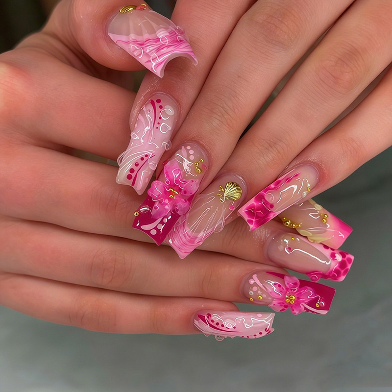 European and American Style Nail Tips with Pink Floral Stripes, 3D Gold Shell Beads Embellishments, and Rubber Flower Nail Art Wearable Patches European and American Style Nail Tips with Pink Floral Stripes, 3D Gold Shell Beads Embellishments, and Rubber Flower Nail Art Wearable Patches