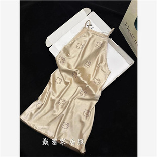 Cute Cartoon Hello Kitty Ice Silk Pajamas Women's Summer 2024 New French Style Sling Nightgown dress Home Clothes