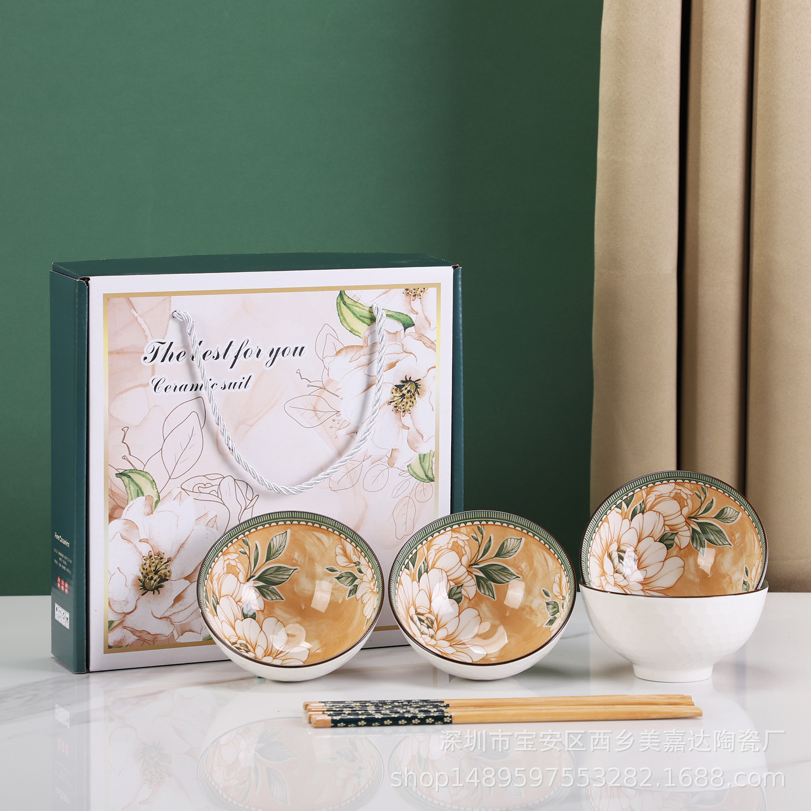 Regalo bohemio tazón de cerámica y palillos traje al por mayor tazón y plato traje hogar tazón de arroz vajilla conjunto tazón caja de regalo traje