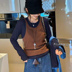 撞色吊带背心面膜T恤两件套上衣女欧洲站2025秋装新款欧货女装潮