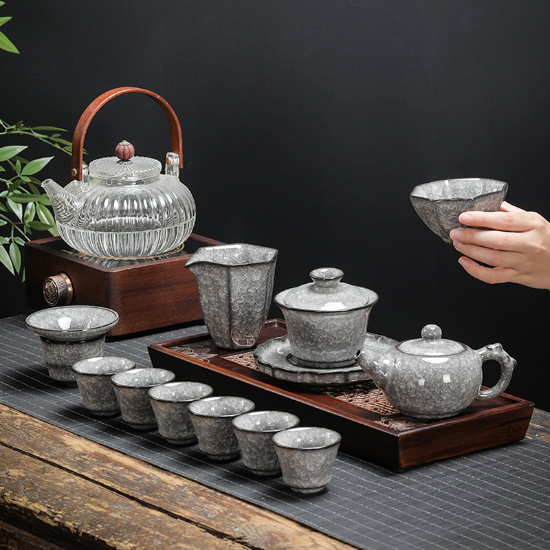 Ceramic Black Ice Flower Glaze Gongfu Tea Set for Home Office Simple and Elegant, Water Turns into Ice Tea Pot and Cup Gift Box Set