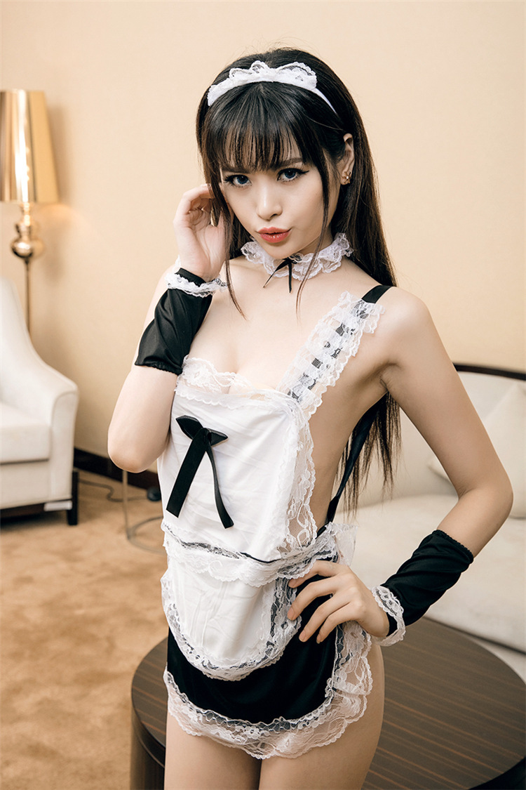 Playful Maid Role-Play Costume Set with Cross Lace-Up Back, Black One Size — detail image 3