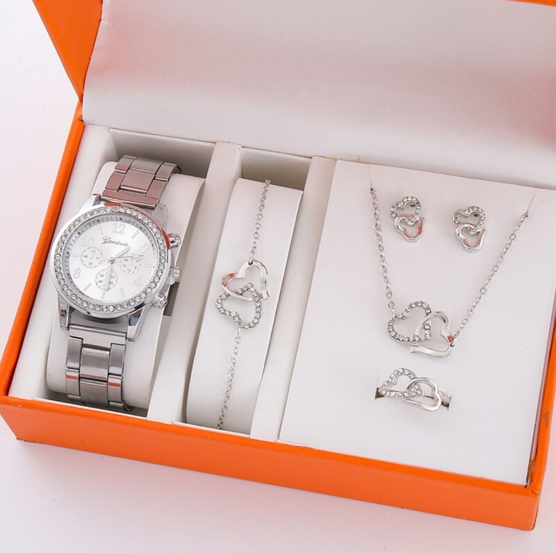 Popular Geneva Fake Three-Eye Watch Fashionable Diamond-Encrusted Steel Band Watch Women's Geneva Quartz Watch Set