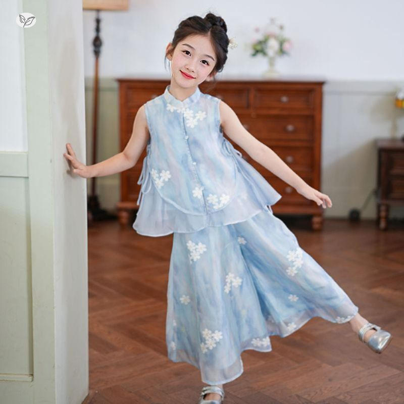 女の子韓服スーツ夏 2025 新しい国民風刺繍シフォン 2 点セット中大型子供薄い子供のキュロット|undefined