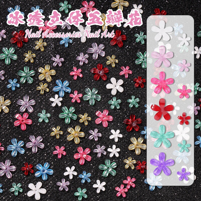 Glittery Ice-Clear Mini Five-Petal Flower Nail Art Ice Crystal Flower Resin Nail Decoration Acrylic Flower Laser Iridescent Effect