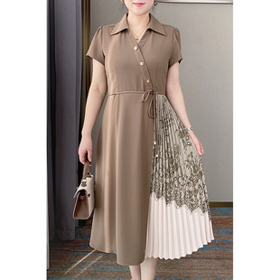 Mom's Summer Short-Sleeved Elegant Dress, Middle-Aged Women's Waist-Cinching Mid-Length Skirt, Middle-Aged and Elderly Splicing Skirt 50 Years Old