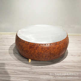 美式复古茶几LOFT工业风个性创意圆型战鼓铆钉铝皮艺术异型小茶几