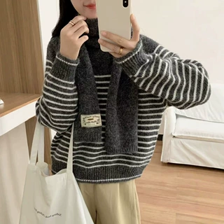 韩系条纹套头气质百搭宽松氛围感保暖软糯毛衣配围巾打底针织衫潮