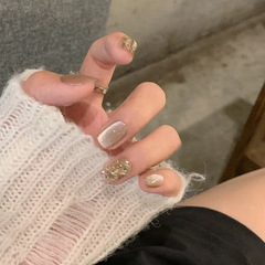 X283假指甲貼片可拆卸穿戴甲網紅奶茶貓眼滿鑽手工封層光療美甲片