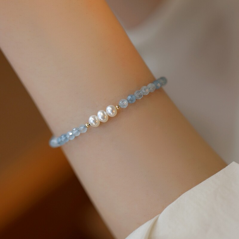Aquamarine Natural Pearl 14K Gold-Filled Glossy Literary and Artistic Elegant Lucky High-End Niche Accessible Luxury Bracelet Best Friend