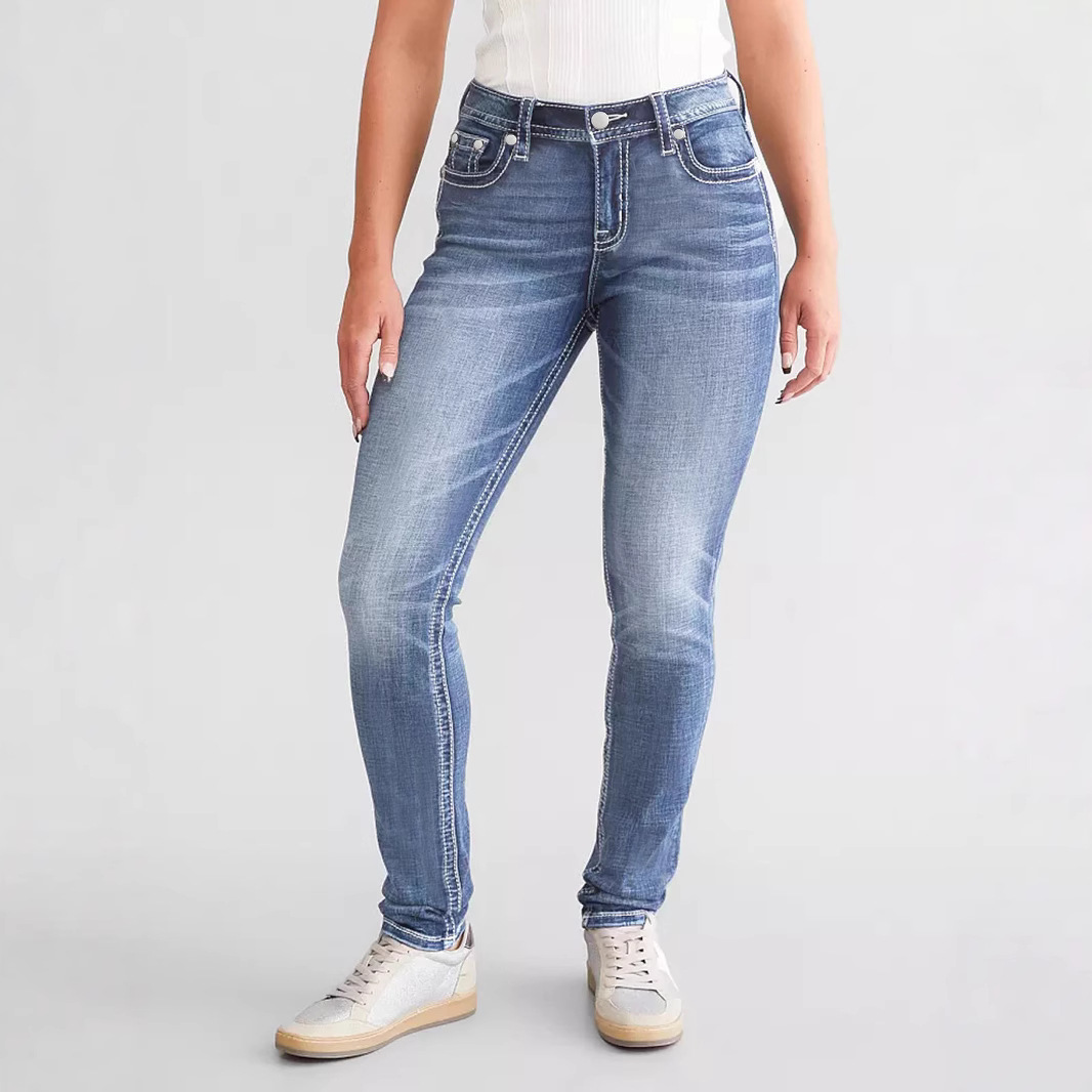 Women's Slim Fit Embroidered Jeans - Stretch Denim Pants With Floral Stitching (Blue, Sizes S-Xxl) ​Breathable Cotton Blend_ecoleips.com