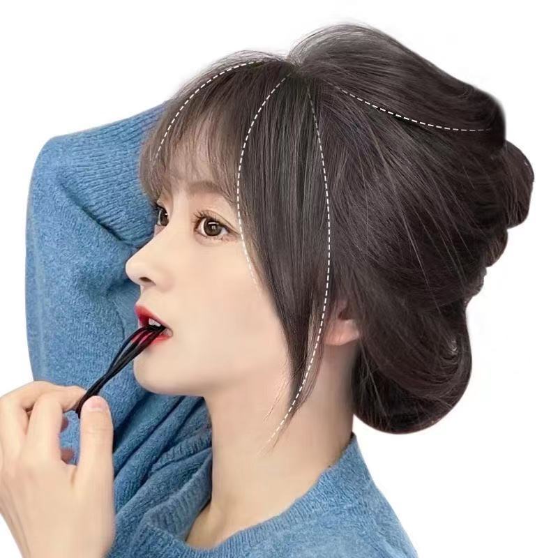 3D estilo francés aire flequillo peluca cabeza femenina cabello artificial sin costuras aumento cabello cubierta cabello blanco frente peluca natural