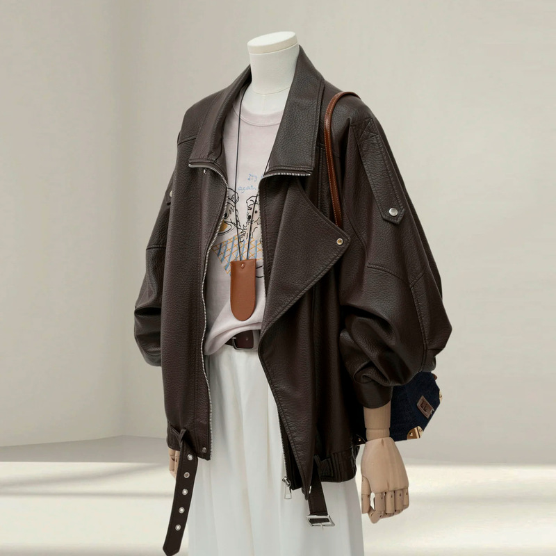 Pre-sale: Brown, heavy-duty leather jacket for women, 2026 autumn/spring new collection, cool and stylish motorcycle jacket Pre-sale: Brown, heavy-duty leather jacket for women, 2026 autumn/spring new collection, cool and stylish motorcycle jacket