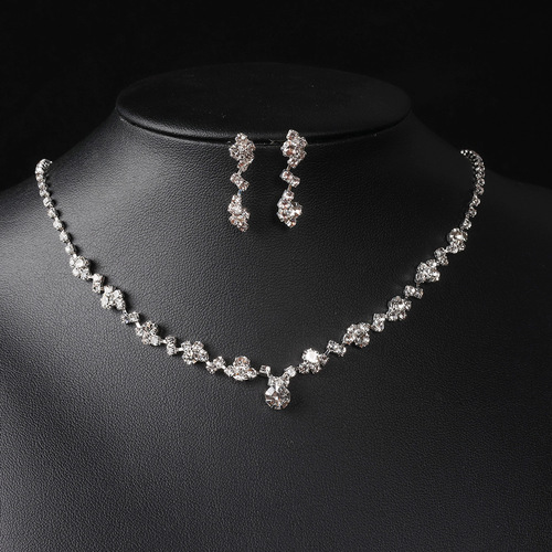 Cross-border European and American fashionable and elegant sparkling diamond necklace earrings set bridal jewelry female wedding accessories 4867
