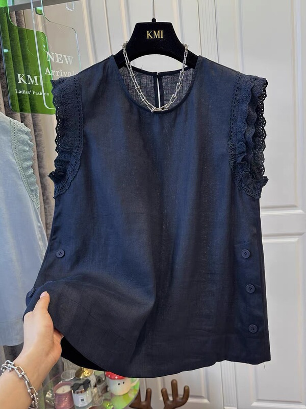 B222 # (Official Image, Actual Price) Extra Large Size 150kg Patchwork Lace Ruffle Sleeve Women's Top Summer 2025