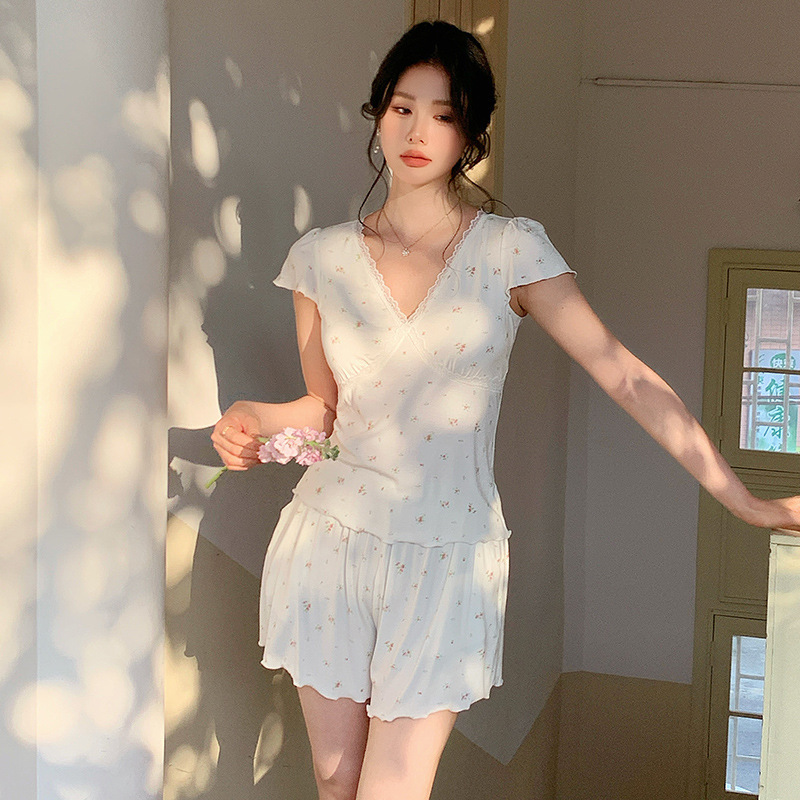 French Summer New Floral Cotton Pajamas, Short-Sleeved Shorts, Lace, Sweet and Loose, Can Be Worn Outside, Home Clothes for Women