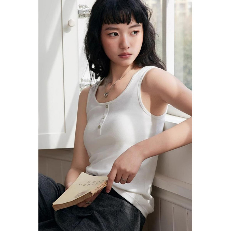 26Th Summer New Style Airy Beauty Back Top (Linen + Lyocell) U-Neck Vest with Front Buttons for Women
