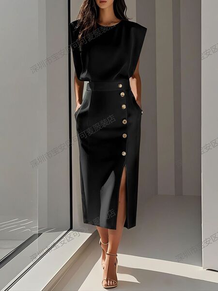 Cross-Border European and American Amazon Fashion Mature Style Solid Color Round Neck Waist-Cinching Slit Dress with Metal Buttons for Women in Summer