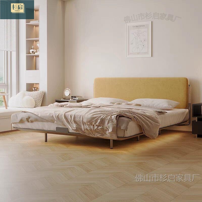现代简约布艺床中古风碳素钢床主卧无边双人无床头榻榻米小户型床|undefined