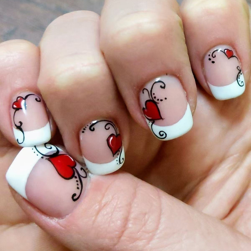 2025 Valentine's Day White French Short Square Love Design Wearing Manicure Nail Nail Pieces Foreign Trade Fake Nails