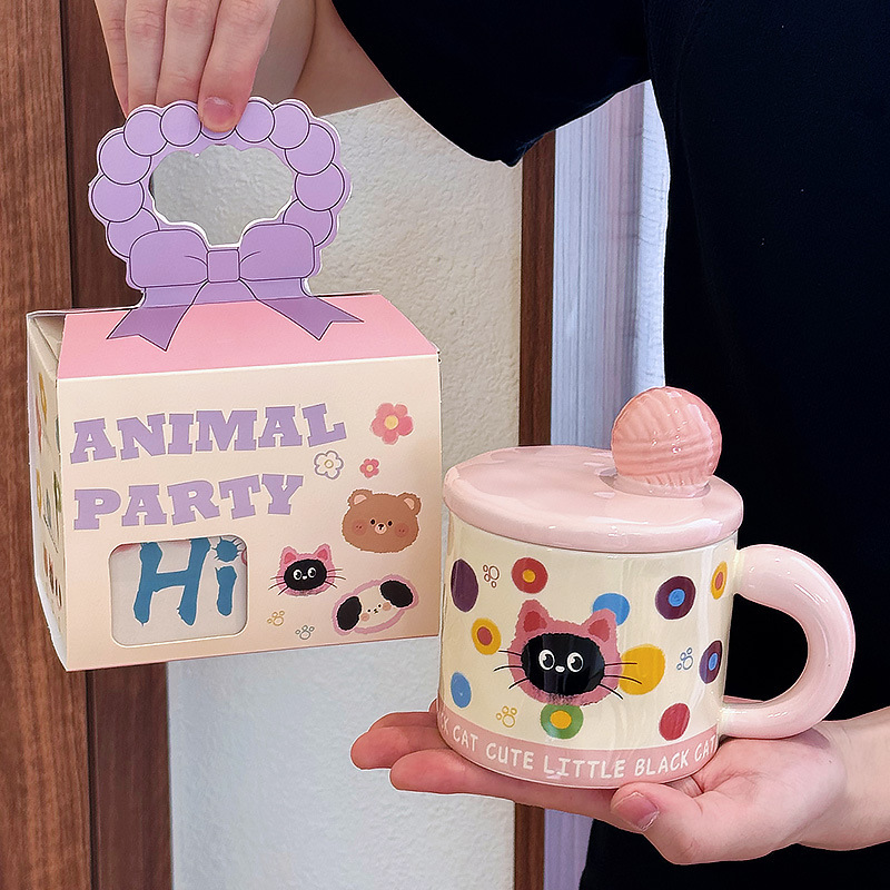 猫マグカップ蓋付きセラミックカップかわいい女性誕生日プレゼント子犬ベアー高颜値オフィスカップ|undefined